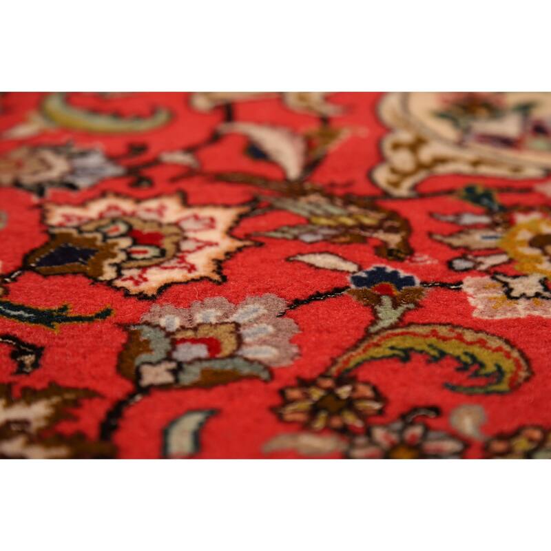 Hand-Knotted Red Floral Wool & Silk Tabriz Persian Rug - 5'1"x 6'9"