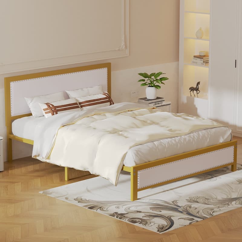 VECELO Bed Frame with Upholstered Linen Headboard and Footboard Heavy-Duty Platform with Strong Metal Slats
