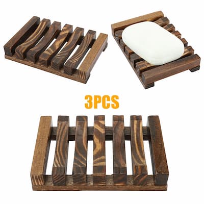 Wooden Soap Dishes Tray Storage Case Holder (Set of 3) - Brown