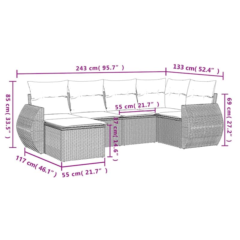 vidaXL Patio Sofa Set with Cushions Outdoor Furniture 7 Piece Poly Rattan - 21.7 x 21.7 x 14.6