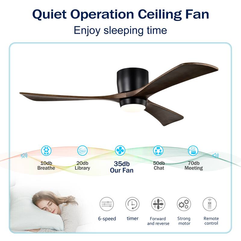 52" Flush Mount Solid Wood Blades Ceiling Fan with Lights Remote Control, Quiet DC Motor, 6 Speed, Reversible Ceiling Fan