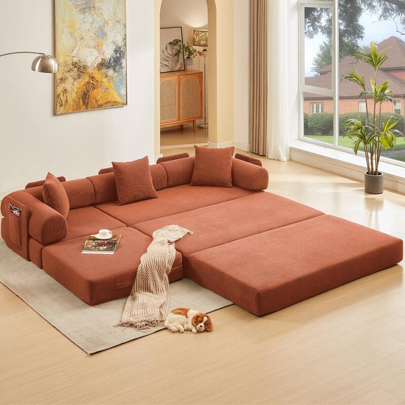 107" Orange Corduroy Modular Sectional Sofa Bed, 7-in-1, No Assembly