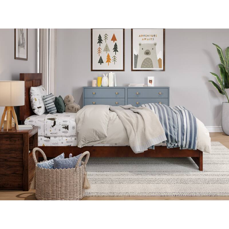 Twin Bed Frame with Footboard - Walnut Wood Platform Bed - Modern Farmhouse Style