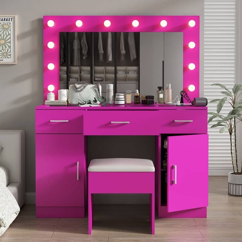 grey and pink dressing table Bedroom makeup vanity set with 3 drawers Curated by Creator
