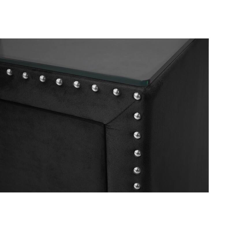 Black Nightstand with Tempered Glass Top and Upholstered Design