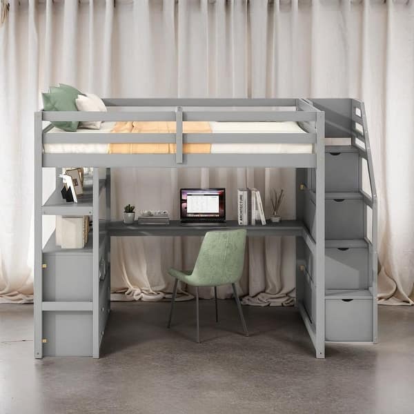 slide 2 of 36, Twin Loft Bed with Desk and Shelves, Drawers, Storage Staircase, Gray Grey