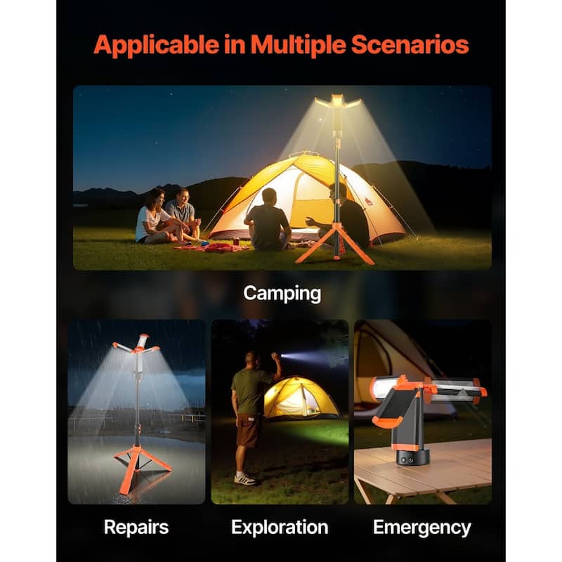 Rechargeable LED Work Light with Adjustable Tripod Stand 3000K–6500K Brightness Control for Camping - Black-Orange