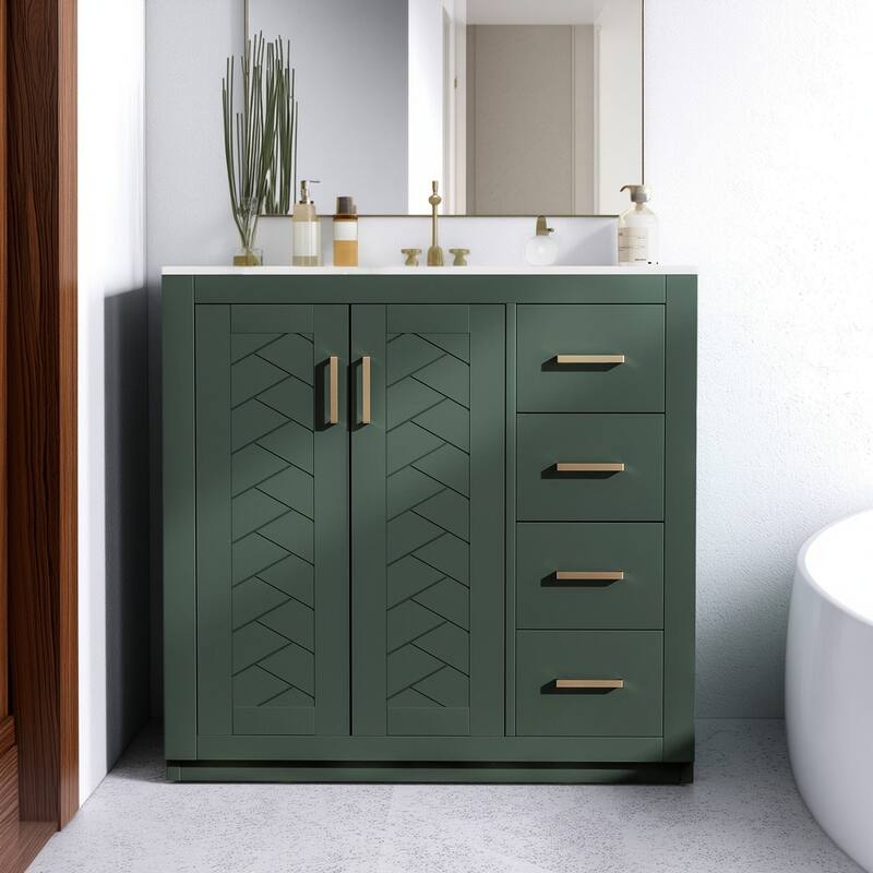 36'' Freestanding Bathroom Vanity with Sink, Solid Wood Frame, 3 Drawers - Green