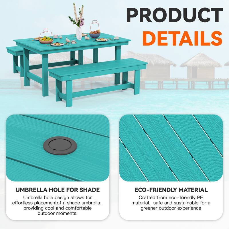 3-Piece HDPE Outdoor Dining Set with Umbrella Hole Table and Two 2-Person Benches