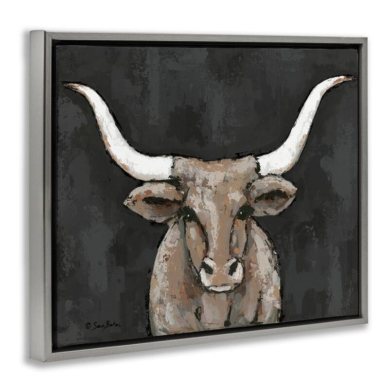 Stupell Longhorn on Murky Grey Framed Floater Canvas Wall Art Design By Sara Baker