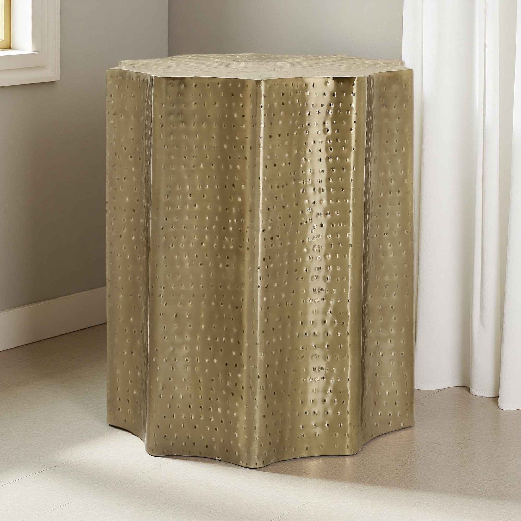 20"L Metal Drum Accent Table with Scalloped Design and Hammered Texture, Brushed Antique Finish, Nightstand Table for Bedroom