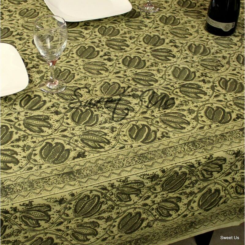 Cotton Vegetable Dye Block Print Rustic Vintage Floral Tablecloth