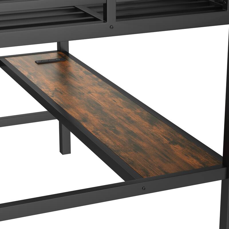 Roomfitters Twin Metal Loft Bed with Desk, Gaming High Sleeper with LED Lights and Power Outlet, Black