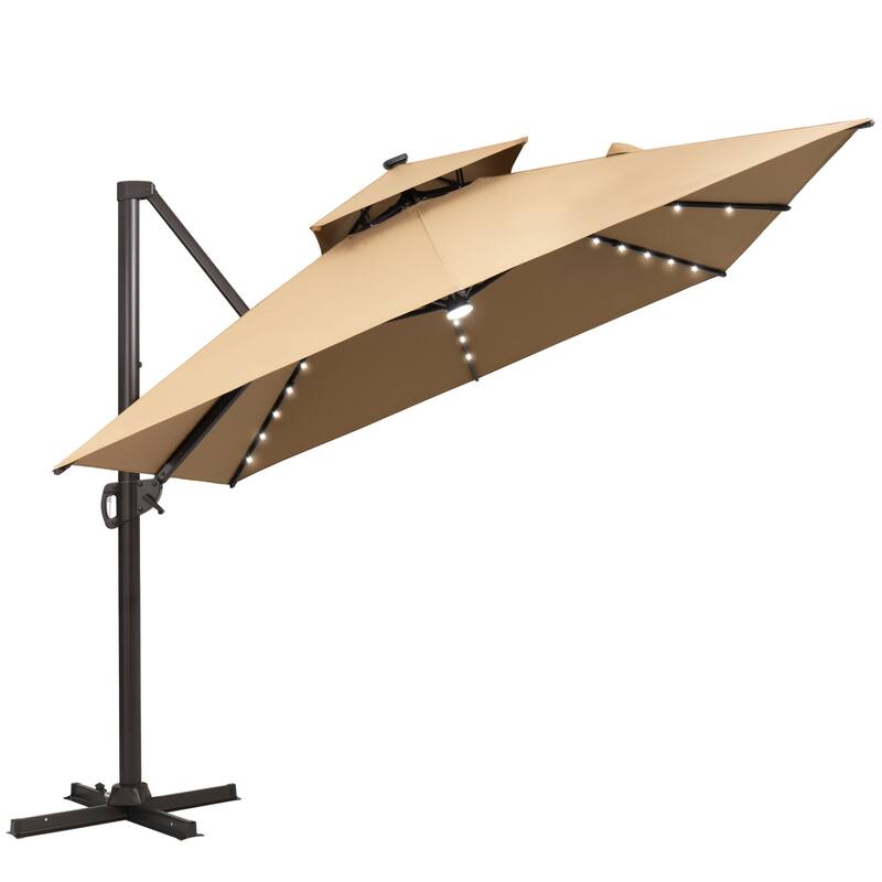 VredHom 10X13 FT Outdoor Cantilever Patio Umbrella Solar LED Light - Tan