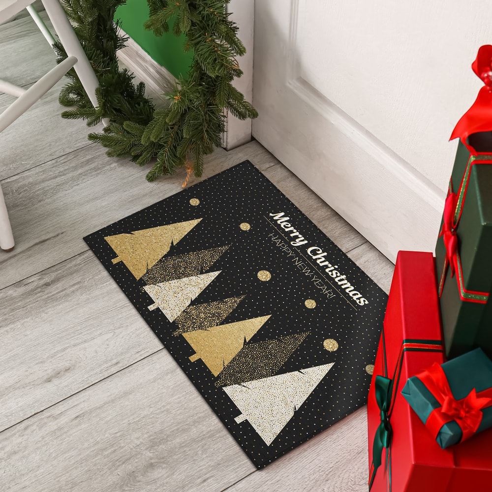Indoor/ Outdoor Cozy Winter Black Washable Christmas New Year Rug