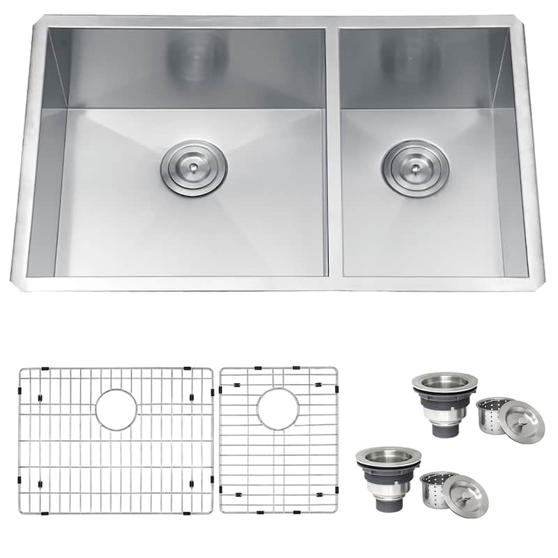 Ruvati 32-inch Undermount 60/40 Double Bowl Zero Radius 16 Gauge Stainless Steel Kitchen Sink - RVH7515 - 18″ x 18″ x 11″ x 18″