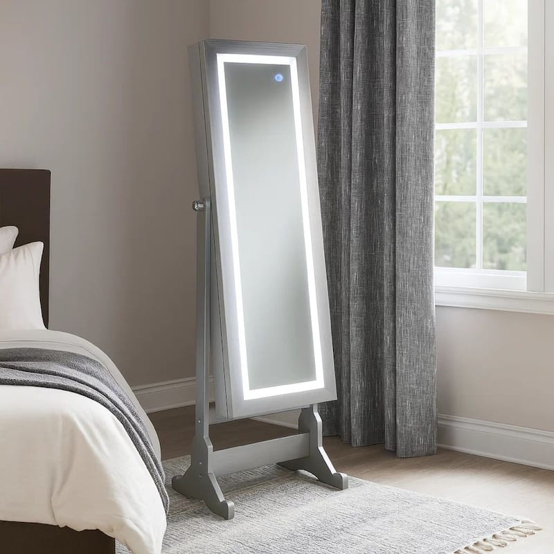 58 Inch Full Body Floor Cheval Mirror, Jewelry Storage, LED, Silver