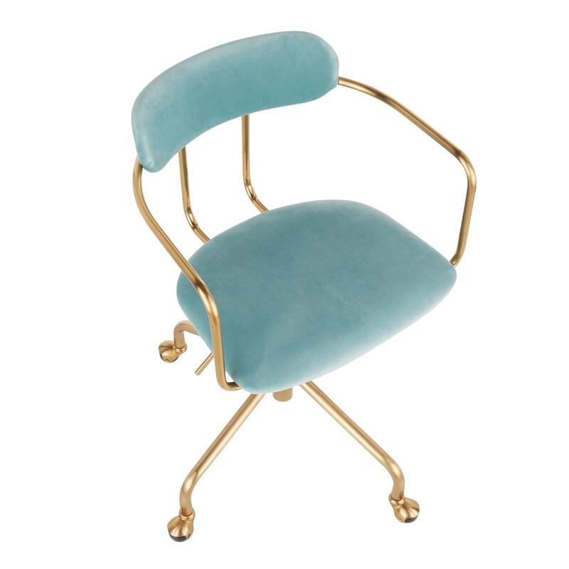 Modern Light Blue Velvet Office Chair with Sleek Gold Frame, Cushioned Seat, and Swivel Base for Home or Office Use