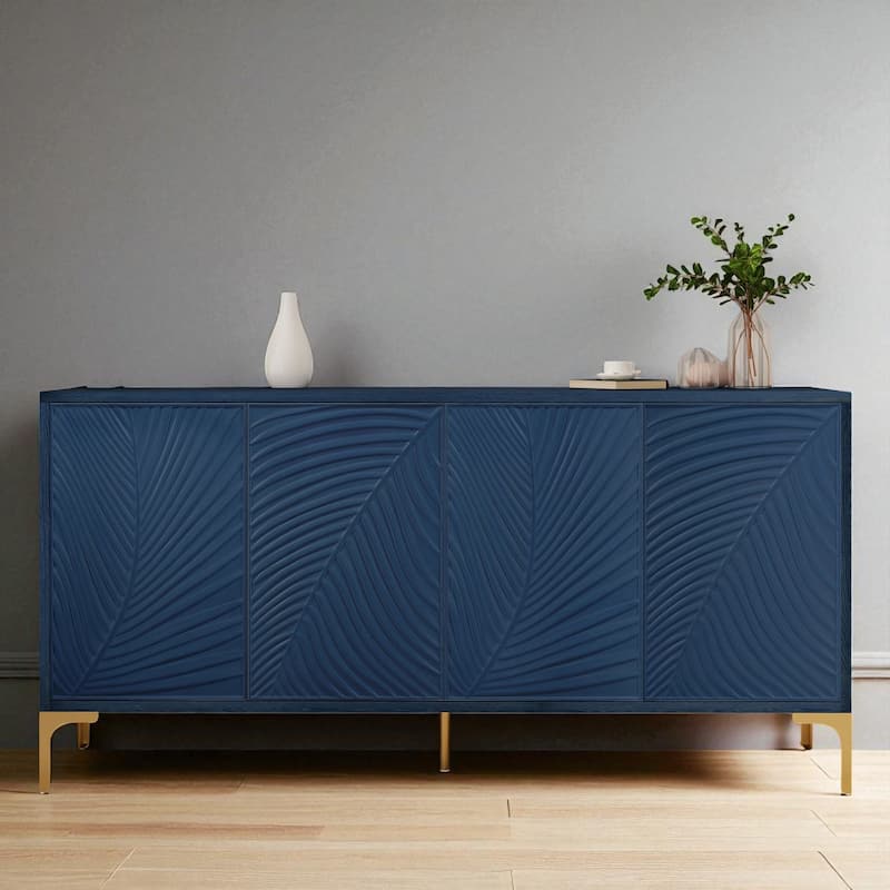 Modern 4-Door Sideboard with Carved Texture, Adjustable Shelves, Wood Veneer & High Gloss Finish - Blue