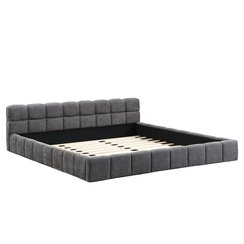 Elegant Chenille Upholstered Bed with Checkerboard Design, King/Queen Size Platform Frame