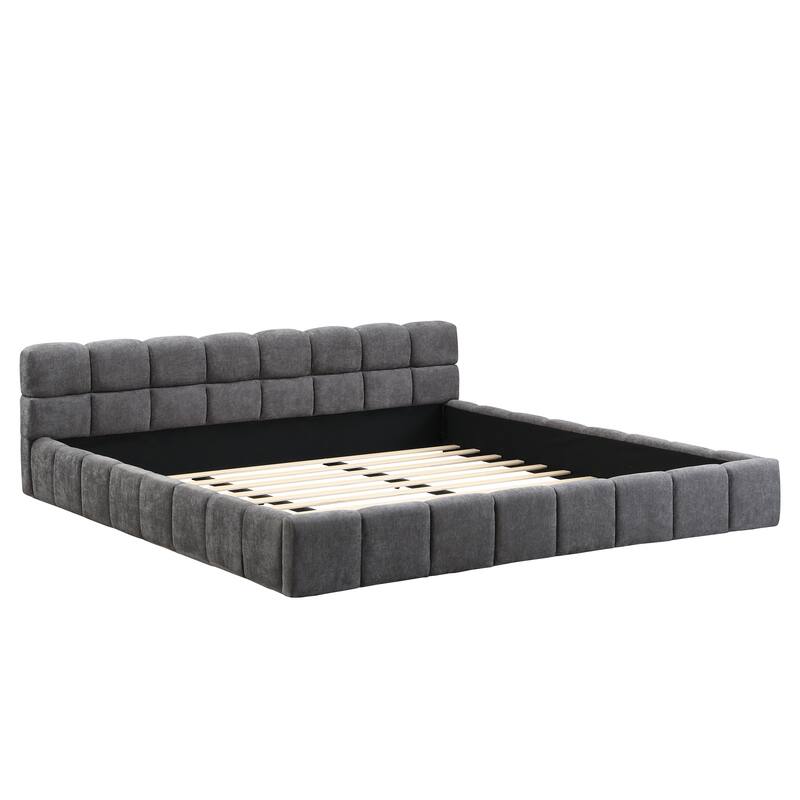 Upholstered Platform Bed Frame Chenille Fabric Bed with Checkerboard Design Thick Headboard, Low Profile Beds for Bedroom, Gray