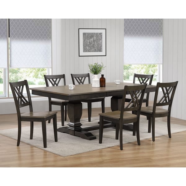 slide 2 of 4, Double Transitional Pedestal Antiqued Grey Double X-Back 7-Piece Dining Set