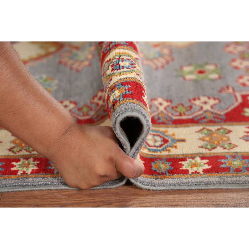 Gray Geometric Kazak Oriental Accent Rug Hand-Knotted Wool Carpet - 3'5" x 4'10"