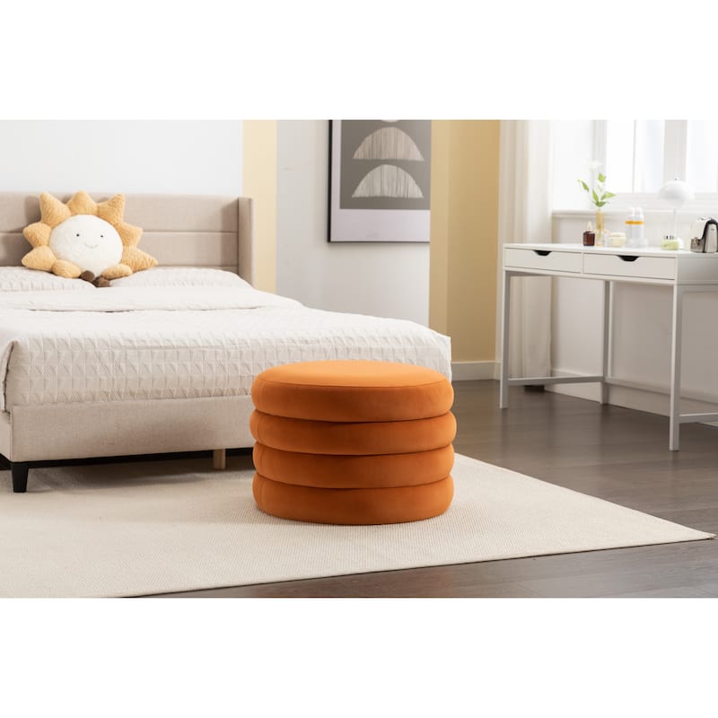 Velvet Fabric Storage Round Ottoman Footstool With Wooden Shelving