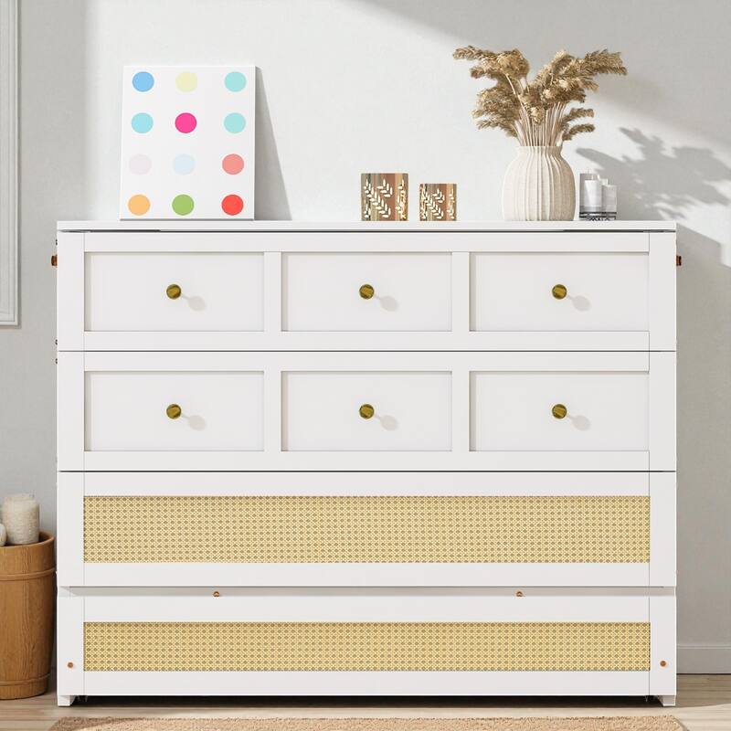 Full Size Murphy Bed with Large Storage Drawers, Space-Saving Foldable Wall Bed with Elegant Front Design - White - Full