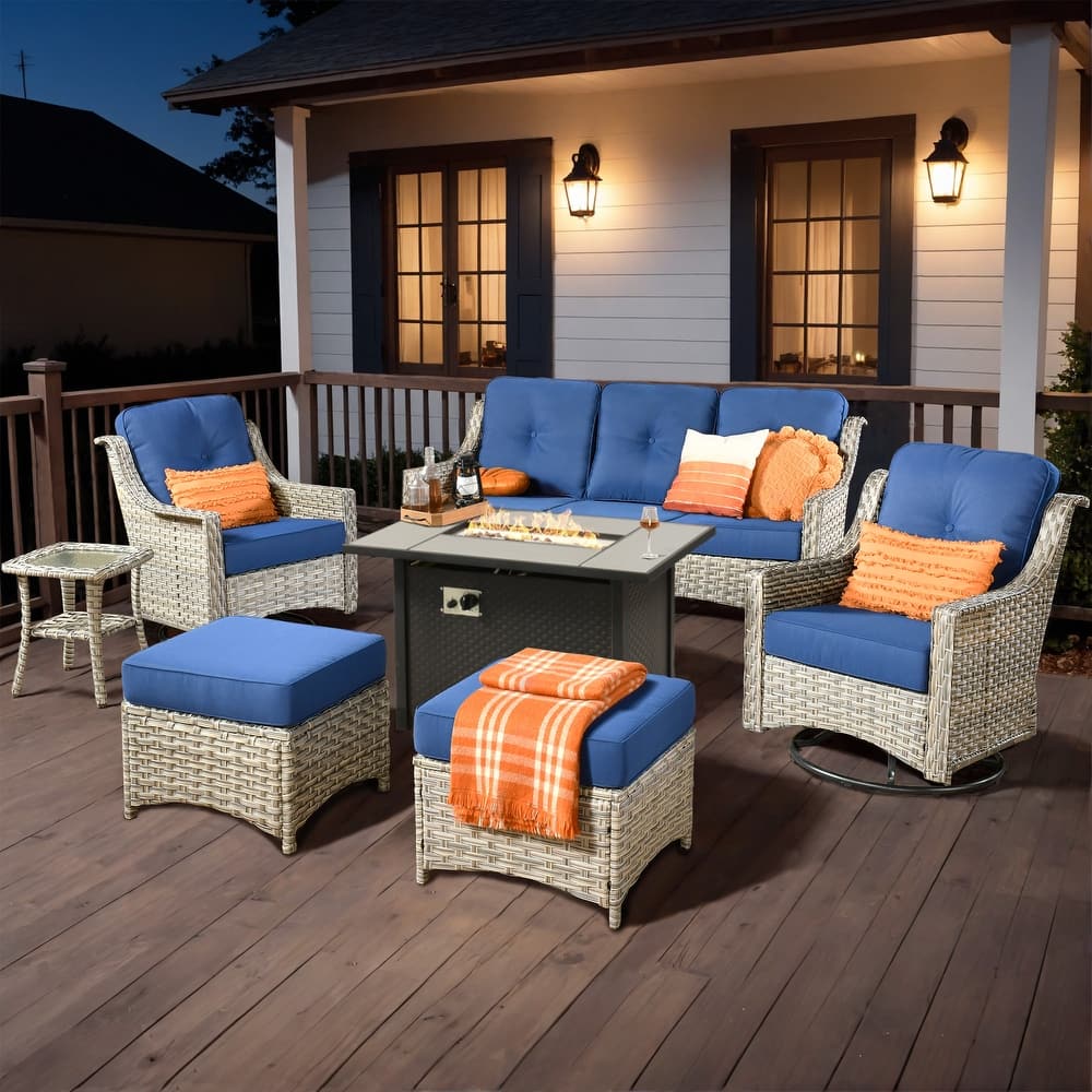 XIZZI 7-Piece Patio Wicker Furniture Swivel Chair Set with Firepit