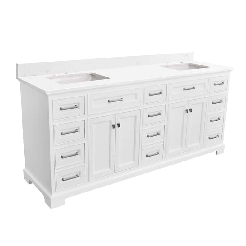 AstralLight 84 in. Double Sink Freestanding White Bath Vanity with White Engineered Marble Top