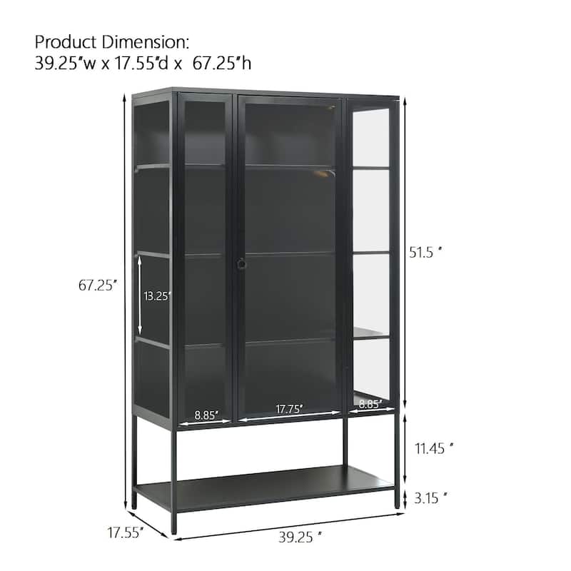 67.25"Tall Iron Display Cabinet with Glass Door and LED Lights Steel Curio Cabinet 3-Sided Glass Display Case