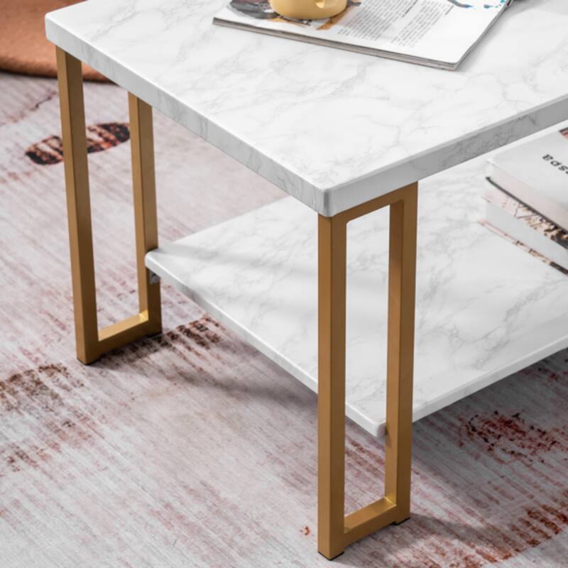 White and Gold Rounded Coffee Table with Faux Marble Top and Metal Legs Perfect for Living Room - 39.73 x 20.08 x 18.11