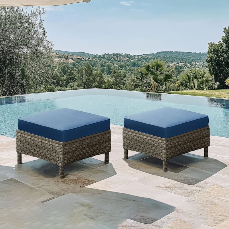 Outdoor Rattan Wicker cushioned Footstool Ottomans Set of 2