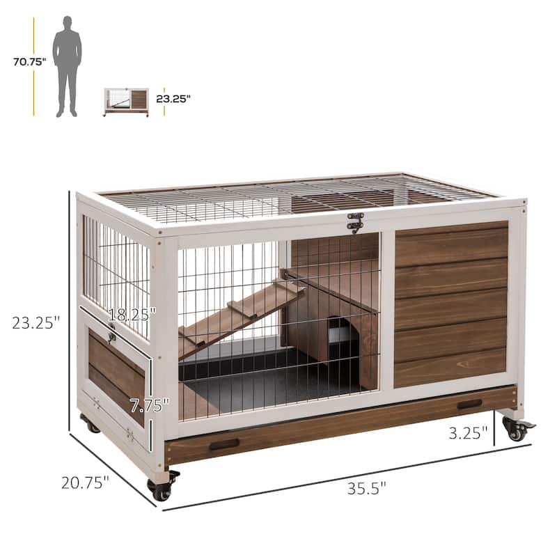 Brown Fir Wood Bunny Hutch with Run Ramp Wheels and Removable Tray for 1-2 Small Pets - 35.5" L x 20.75" W x 23.25" H