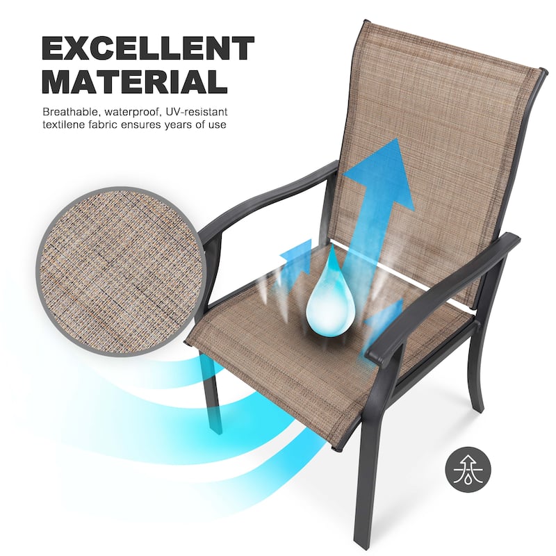 Patio Textilene Dining Set of 7 with Umbrella Hole, Wood-Grain Tableto