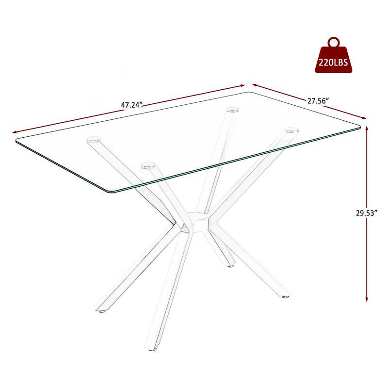 47.24" Rectangular Clear Tempered Glass Dining Table,Stylish Design with Metal Legs, Kitchen Table for Dining Room