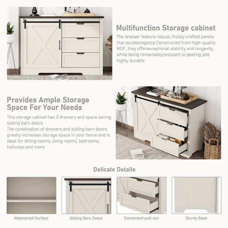 GDFStudio - Carlan Farmhouse Storage Cabinet with Sliding Barn Doors and 3 Drawers, Multi-Functional Sideboard for your house