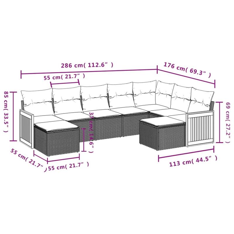vidaXL Patio Sofa Set with Cushions Outdoor Conversation Furniture Poly Rattan - 21.7 x 21.7 x 14.6 in