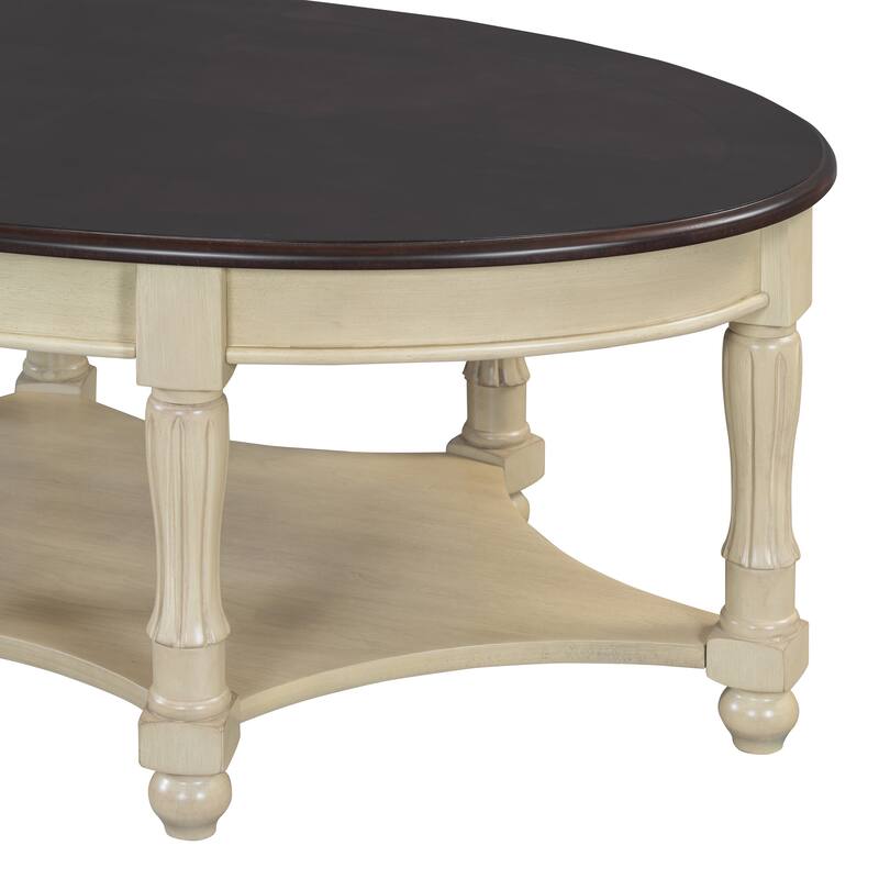 45 inch Vintage Oval Coffee Table French Country Style Coffee Table with Drawers and Open Lower Shelf, for Living Room