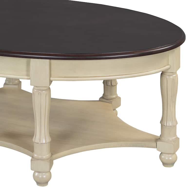 Oval Coffee Table with Drawer and Storage Shelf, 45"Antique Cocktail Table French Country Center Table for Living Room