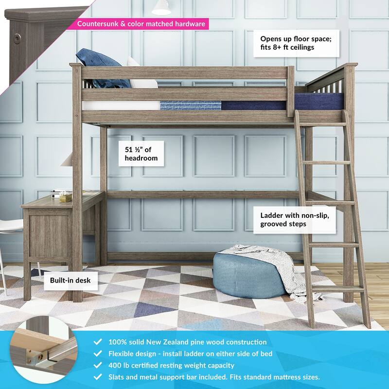 Max and Lily Twin-Size High Loft Bed with Desk