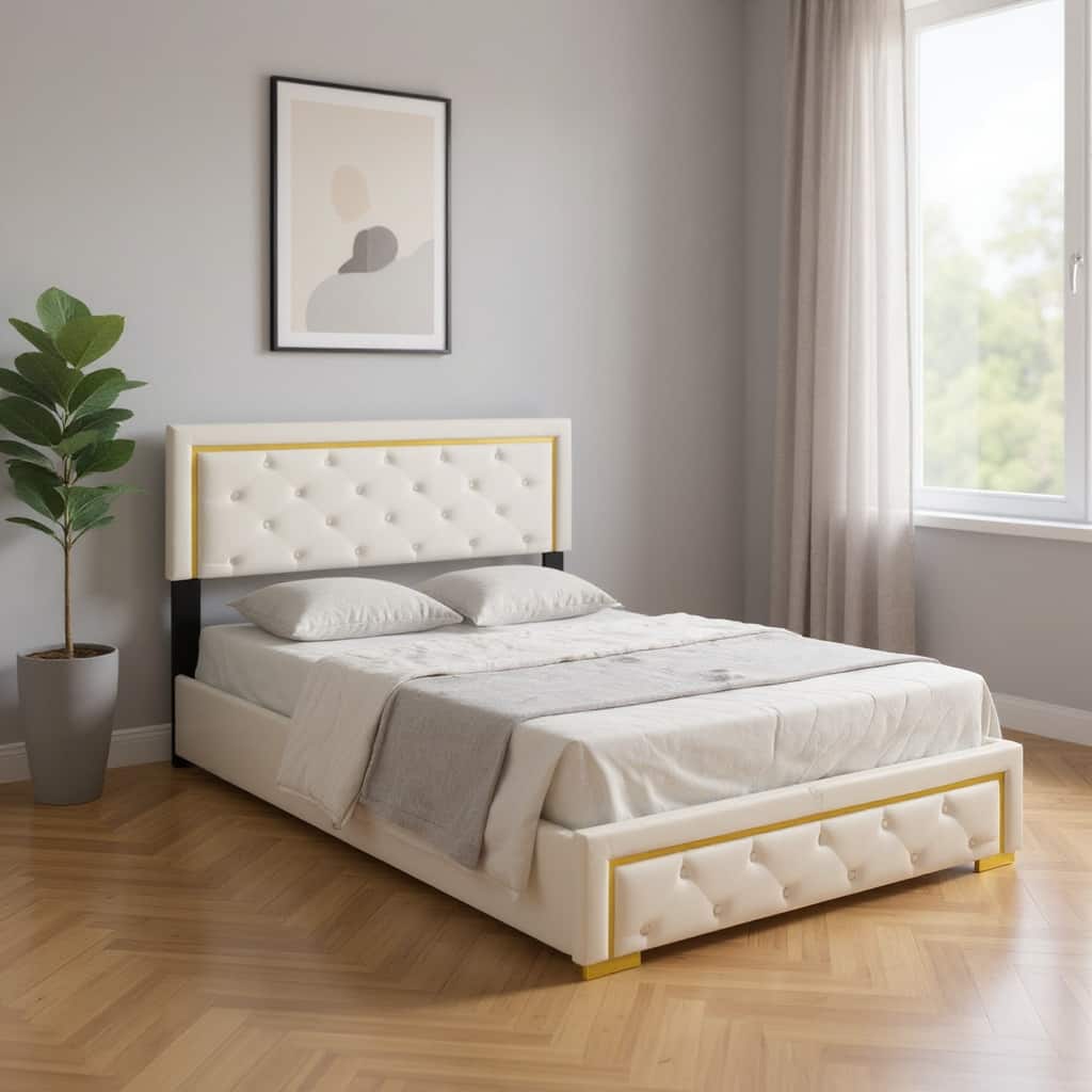 HomeRoots Beige Tufted Velvet Upholstered Queen Bed Frame