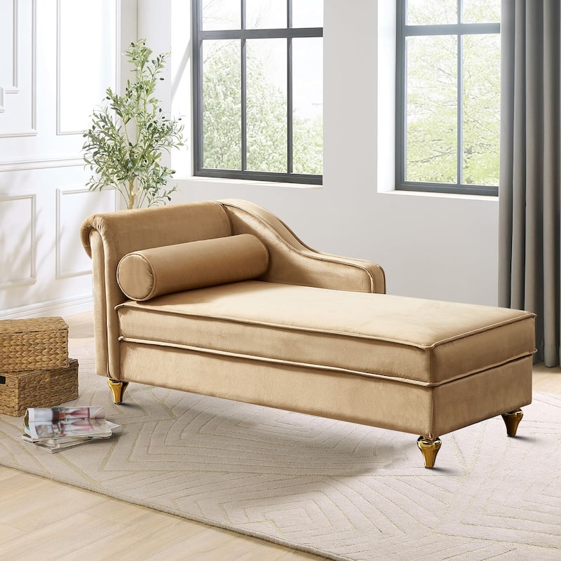 French Elegant Velvet Upholstered Storage Chaise Lounge Chair with a Pillow - Khaki