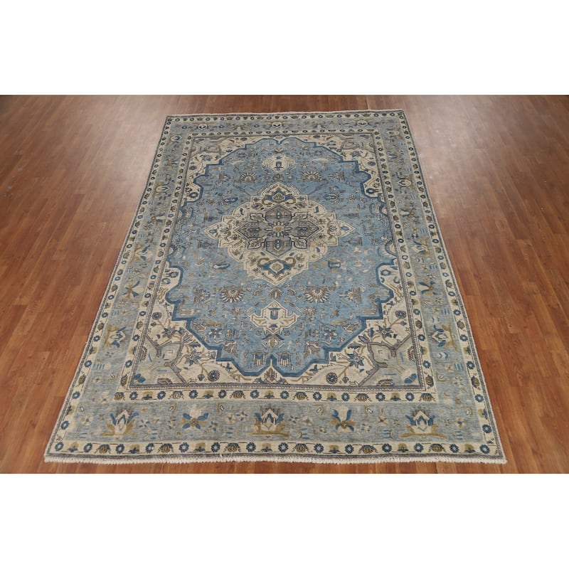 Geometric Blue Tabriz Persian Area Rug Floral Handmade Wool Carpet - 6'7"x 9'6"