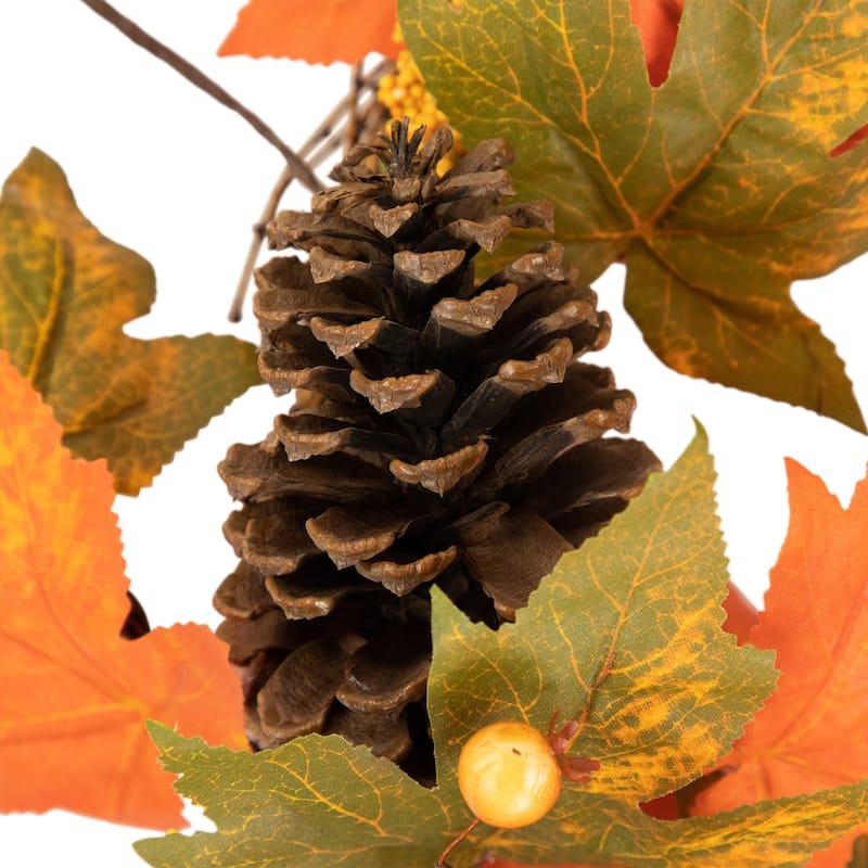 Orange Fall Leaves Pinecones Berries Artificial Wreath 24"