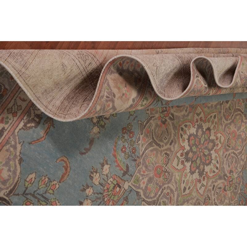 Light Blue Medallion Tabriz Persian Vintage Rug Handmade Wool Carpet - 9'2" x 12'5"
