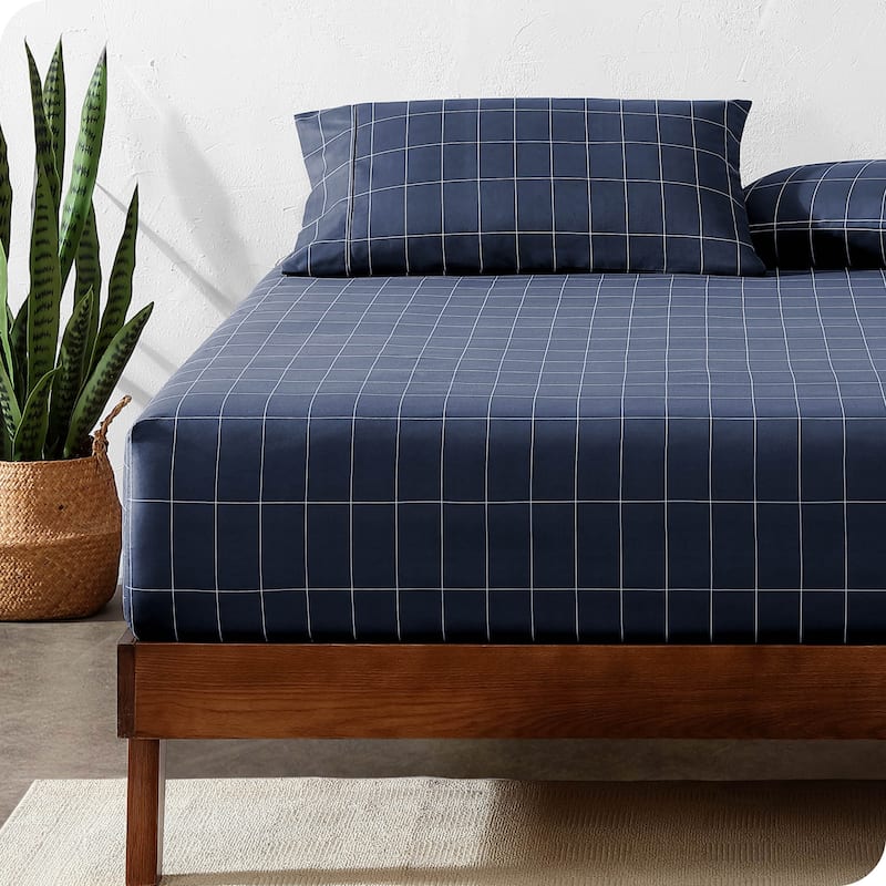 Bare Home Double Brushed Deep Pocket Fitted Sheet - Twin - Grid - Midnight/White