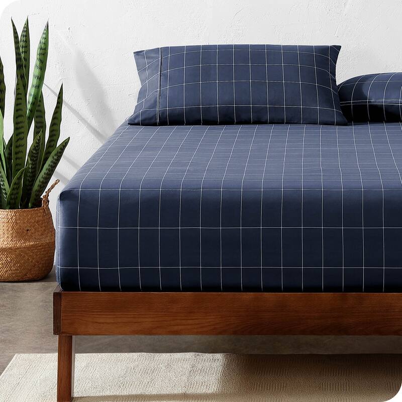 Bare Home Double Brushed Deep Pocket Fitted Sheet - Twin - Grid - Midnight/White