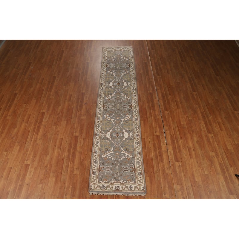 Gray Oushak Indian Runner Rug Hand-Knotted Floral Wool Carpet - 2'6"x 11'8"